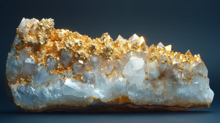 Stunning Quartz Crystal Formation With Golden Inclusions Displayed Against a Dark Background in an Artistic Arrangement Showcasing Natural Beauty. Generative AIの素材