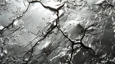 Metallic Surface Showing Intricate Cracks and Reflections After Liquid Exposure During the Daylight Hours. Generative AIの素材