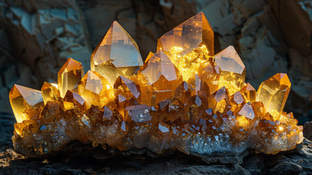 Golden Quartz Crystals Glittering Under Natural Light Showcasing Radiant Beauty and Intricate Patterns Found in Natures Treasures. Generative AIの素材