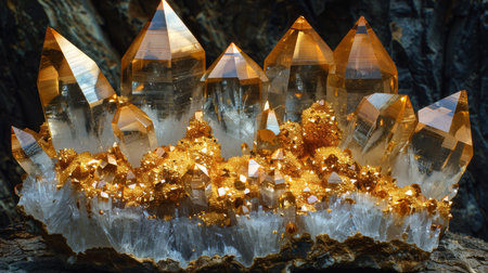 Beautiful Cluster of Golden Quartz Crystals Shining in Natural Light on a Stone Base During a Calm Afternoon. Generative AIの素材
