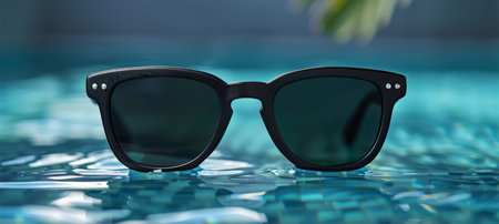 Sunglasses Resting on Serene Water Surface Under Bright Sunlight at a Tranquil Poolside. Generative AIの素材