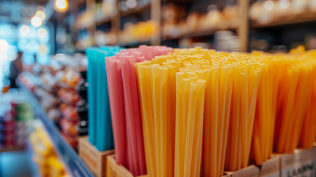 Colorful Assortment of Reusable Straws Displayed in a Modern Shop Promoting Eco Friendly Living and Sustainability in an Urban Setting. Generative AIの素材