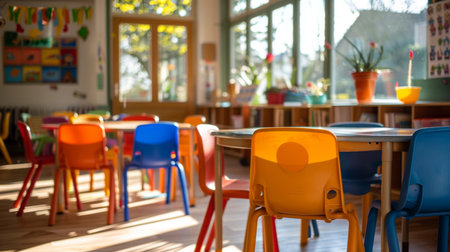 Colorful Chairs Arranged Around a Table in a Bright and Inviting Classroom Space During Daytime. Generative AIの素材