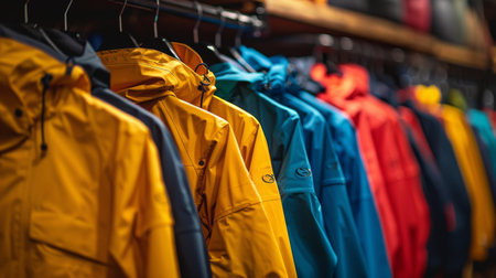 Colorful Outdoor Jackets Hanging on Display in a Retail Store During a Cool Afternoon. Generative AIの素材