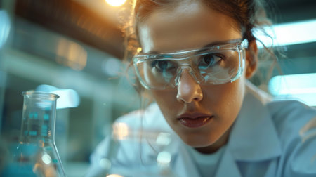 Scientist Conducts Experiments in Laboratory Focused on Chemical Reactions and Analysis During Daylight Hours. Generative AIの素材