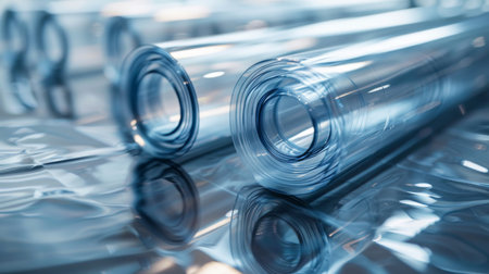 Transparent Plastic Rolls Arranged Neatly on a Reflective Surface Showcasing Their Clarity and Texture in a Well Lit Environment. Generative AIの素材
