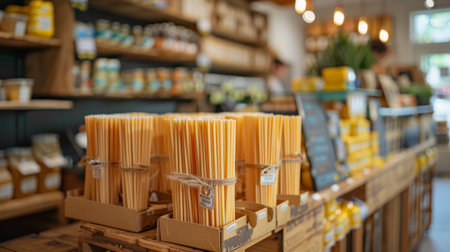 In the Afternoon, a Charming Organic Grocery Store Highlights a Delightful Array of Pasta and Condiments, Showcasing the Creativity of Generative AIの素材