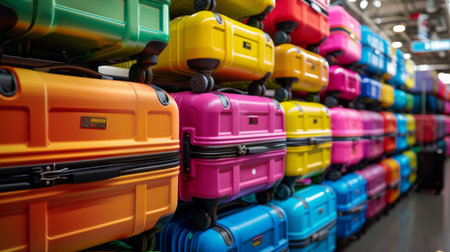 Colorful Luggage Displayed in a Retail Store Showcasing Various Sizes and Vibrant Hues, Ideal for Travelers Seeking Stylish Options for Their Journeys. Generative AIの素材