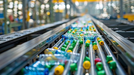 Recycling Process at a Facility Showing Plastic Bottles and Caps on Conveyor Belts in a Busy Industrial Setting. Generative AIの素材