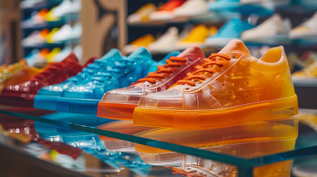 Colorful Transparent Sneakers Displayed on a Glass Table in a Trendy Shoe Store Showcasing Vibrant Footwear Options. Generative AIの素材