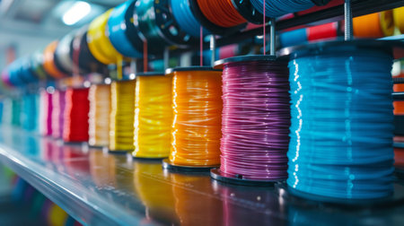 Vibrant Coils of Colorful Thread Arranged Neatly in a Workshop Showcasing Various Shades for Textile Projects During Daylight. Generative AIの素材