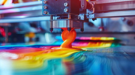 Colorful Filament Being Extruded From a 3D Printer in a Modern Workshop During Daylight Hours Showcasing Advanced Printing Technology. Generative AIの素材