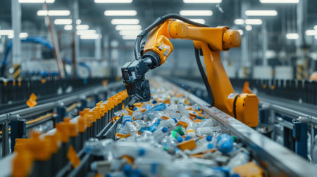 Automated Robotic Arm Sorting Plastic Bottles in a Modern Recycling Facility During Daylight. Generative AIの素材