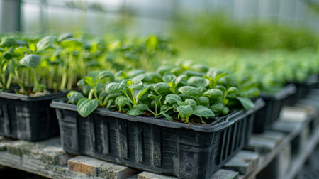 Seedlings Grow in a Greenhouse on a Sunny Day as Gardeners Prepare for Planting Season and Nurture Young Plants for Future Harvest. Generative AIの素材