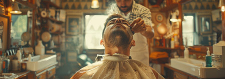 Barber Skillfully Trims Facial Hair in a Vintage Barbershop Filled With Unique Decor and Warm Lighting During the Afternoon. Generative AIの素材
