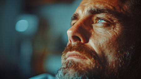 Close up of a Thoughtful Man With Striking Blue Eyes Reflecting Emotions and Depth in a Dimly Lit Room During the Evening. Generative AIの素材