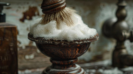 Shaving Brush Creating Lather in a Rustic Bowl at a Vintage Barbershop With an Antique Aesthetic. Generative AIの素材