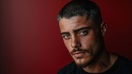 Young Man With Striking Blue Eyes Poses Against a Red Background, Showcasing His Unique Style and Confident Expression in a Close Up Portrait. Generative AIの素材