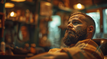 Man Sitting in Barber Chair With Thoughtful Expression Inside Vintage Barber Shop During Evening Light. Generative AIの素材