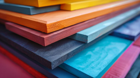 Brightly Colored Wooden Boards Stacked Together Create a Vibrant Artistic Display in a Craft Workshop Setting. Generative AIの素材