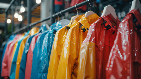 Brightly Colored Waterproof Jackets Displayed in a Retail Shop Showcasing Vibrant Styles for Rainy Weather in a Contemporary Setting. Generative AIの素材