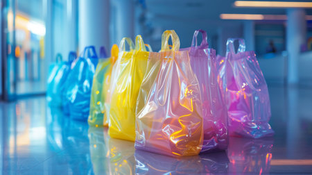 Colorful Transparent Bags Arranged in a Modern Indoor Shopping Area With Bright Lighting During Daylight Hours. Generative AIの素材