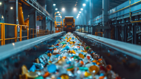 Recycling Facility Processes Plastic Waste in a Modern Sorting Line With Bright Lights and Machinery. Generative AIの素材