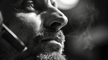 Close up of a Persons Face With a Thoughtful Expression and Wisps of Smoke in a Dimly Lit Setting, Showcasing Emotions and Details of the Moment. Generative AIの素材