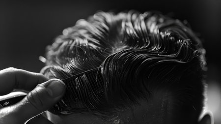 Skilled Barber Styles Hair With Precision While Client Enjoys a Grooming Session in a Modern Barbershop Setting. Generative AIの素材