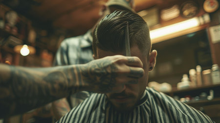 Skilled Barber Styling Hair in a Vintage Barbershop Atmosphere During the Evening Hours, Showcasing Craftsmanship and Attention to Detail. Generative AIの素材