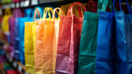 Brightly Colored Gift Bags Neatly Arranged on Shelves in a Retail Store Showcasing a Festive Atmosphere. Generative AIの素材