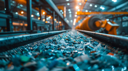 Recycled Materials Moving Along a Conveyor Belt in a Processing Facility During Evening Hours. Generative AIの素材