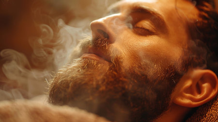 Man Relaxing With Eyes Closed as Smoke Envelops His Face During a Cozy Evening Indoors. Generative AIの素材