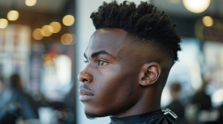 Young Man Showcasing a Fresh Haircut While Seated in a Modern Barbershop During Daytime. Generative AIの素材
