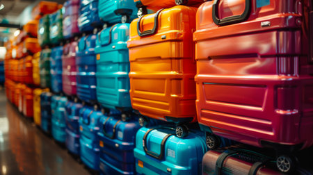 Colorful Array of Stacked Suitcases in a Bustling Travel Store Showcasing a Vibrant Display of Luggage Options for Travelers. Generative AIの素材