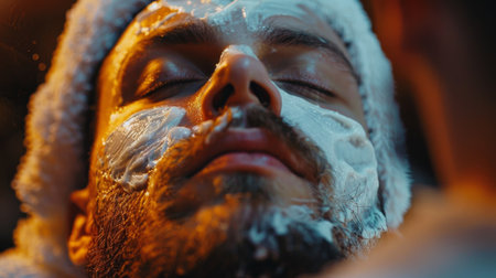 Close up View of a Man Enjoying a Relaxing Facial Treatment in a Tranquil Spa Setting During the Evening Hours. Generative AIの素材
