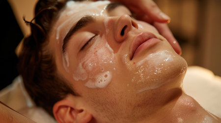 Young Man Enjoys a Relaxing Facial Treatment at a Wellness Spa in the Afternoon, Focusing on Skin Care and Rejuvenation Techniques for a Refreshing Experience. Generative AIの素材