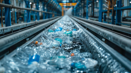 Water Flows With Plastic Waste at a Recycling Facility During Daylight, Highlighting the Need for Sustainable Waste Management Practices. Generative AIの素材