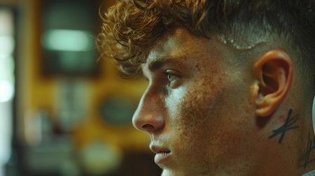 Young Man With Curly Hair in Profile at a Barbershop During a Grooming Session in a Cozy, Rustic Environment Capturing the Essence of Modern Hairstyling. Generative AIの素材