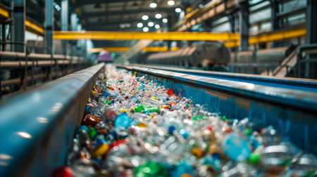Plastic Bottles and Containers Moving Along a Conveyor Belt in a Recycling Facility During Daytime Under Bright Industrial Lighting. Generative AIの素材