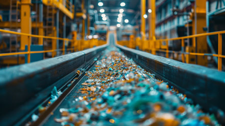 Conveyor Belt Transporting Recyclable Materials in an Industrial Facility During Daylight Hours While Showcasing the Processing of Waste Materials. Generative AIの素材
