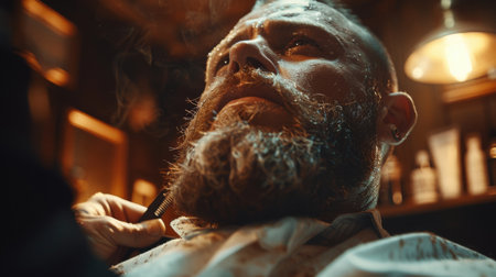 Barber Carefully Trimming a Mans Beard in a Vintage Shop, Warm Lighting Enhances a Relaxed Atmosphere During an Afternoon Appointment. Generative AIの素材
