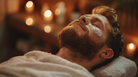 Man Enjoys a Facial Treatment in a Serene Spa Environment Illuminated by Soft Candlelight for Relaxation and Self Care. Generative AIの素材