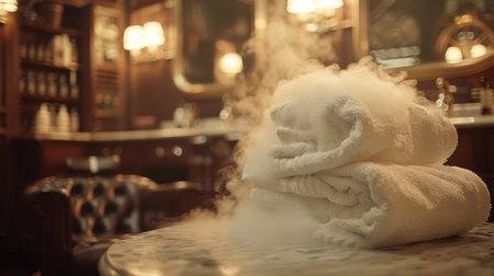 Luxurious Spa Setting Features Stacked Towels With Warm Steam Rising in a Tranquil Environment, Creating a Relaxing Atmosphere for Guests Enjoying Wellness Treatments. Generative AIの素材