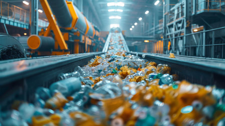 Conveyor Belt Transporting Recycled Plastic Bottles Through a Sorting Facility During Daylight Hours. Generative AIの素材