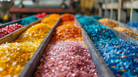 Colorful Granules of Recycled Plastic Arranged in Bins at an Industrial Facility During Daylight Hours. Generative AIの素材