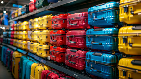 Colorful Suitcases Displayed on Shelves in a Retail Store, Showcasing a Variety of Sizes and Styles for Travel Enthusiasts During the Busy Summer Season. Generative AIの素材