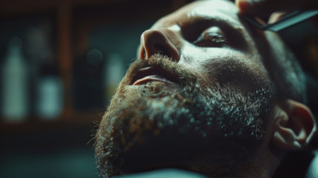 Close up of a Man Receiving Beard Grooming in a Barbershop During a Relaxing Afternoon Session With Warm Lighting. Generative AIの素材