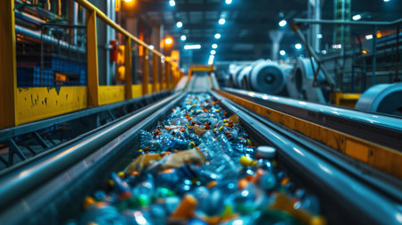 Recycling Facility Sorting Plastic Bottles on Conveyor Belt During Nighttime Operations. Generative AIの素材