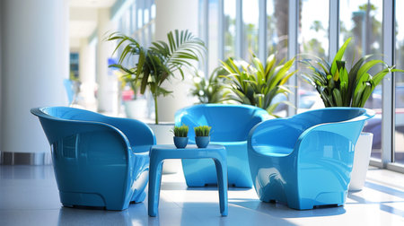 Bright Blue Chairs and Green Plants Create a Modern and Inviting Lounge Area in a Contemporary Building During Daytime Hours. Generative AIの素材